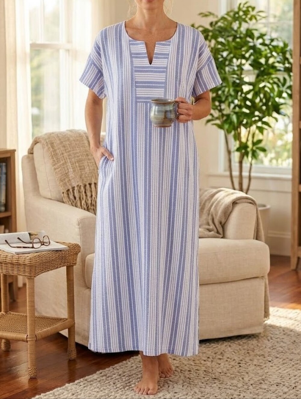 Stan Herman The Hamptons Striped Maxi Kaftan Dress Sz 2X Petite Cotton Lounge